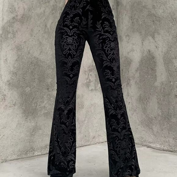 NWT Medium Black Velour Damask Brocade Goth Cthulhu Flares - Picture 8 of 10
